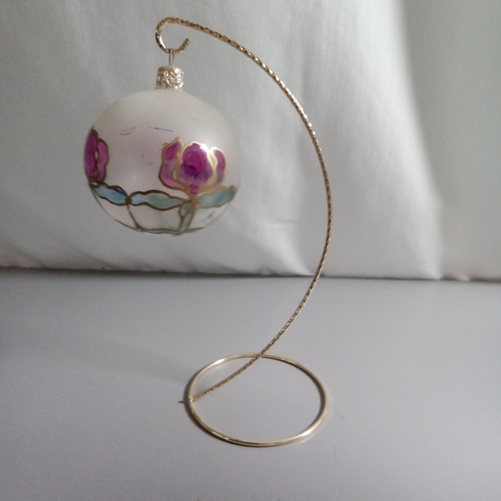 Hand Painted Frosted Glass Floral Ornament with Gold Tone Metal Display Stand 9"